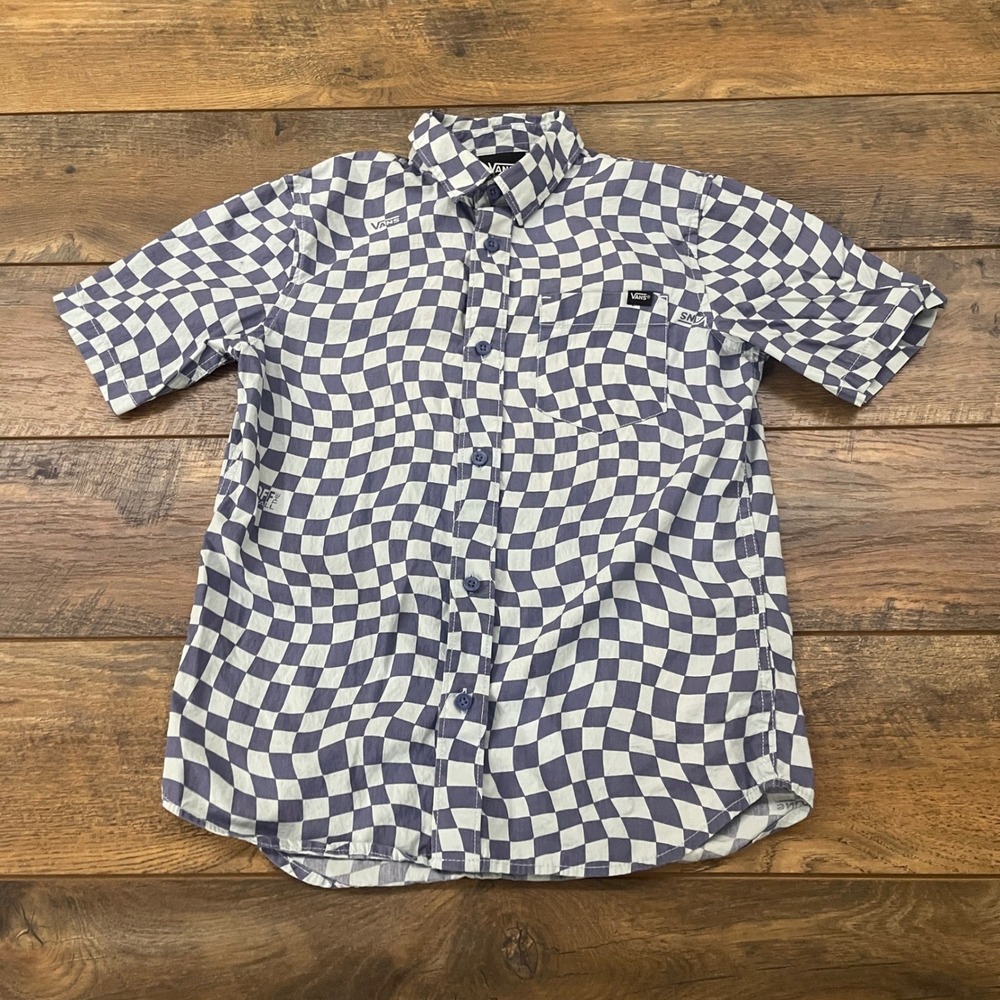 Vans Kids Blue Warped Checkerboard Short Sleeve Button Down Shirt Size M Skater